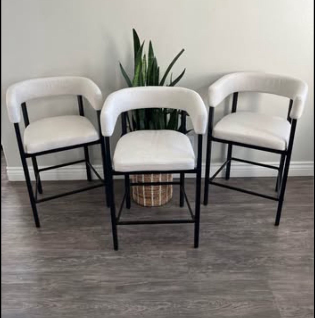 LUE BONA Barrel Bar Stools Set of 3, 26'' Modern Barstools with Arms & Metal Frame, Chenille Counter