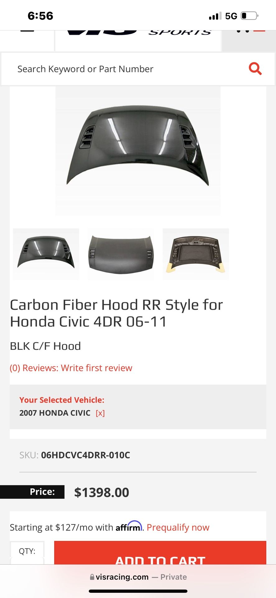 Fa5 06-11 Civic Sedan Mugen Rr Carbon Fiber Hood