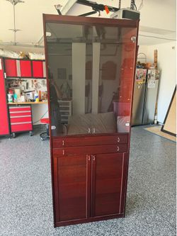 Office Storage Cabinet with Glass Display Doors & Drawers – Cherry Finish