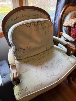 2 - Victorian-Style Armchair with Script Fabric