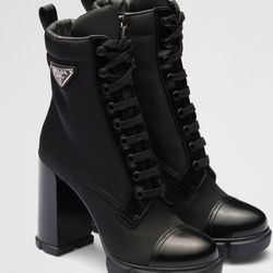 Prada Brushed Leather and Re-Nylon Laced Booties