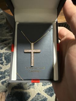 14K Yellow Gold 1ctw Diamond Cross Pendant Necklace Cable Chain Spring Ring