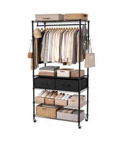 Clothes Rack with 2 Drawers, Clothing Racks for Hanging Clothes Lockable Silent Wheels, Single Hanging Rods, Adjustable Shelves, Metal Side Hooks, Loa
