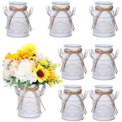 (5555-7) (Retro White,8 Pcs) 6 Inch Farmhouse Vase Decor Milk Can Vintage Flower Jug Galvanized Metal Vase with Handle Rustic Flower Buckets for Thank