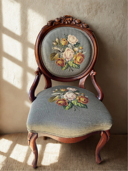 Antique Victorian Needlepoint Parlor Chair – Hand-Carved Walnut, Hand-Stitched Roses