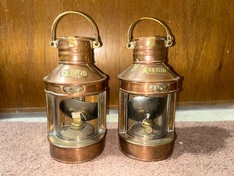 Vintage Set of Copper & Brass Stern Nautical Oil Lamps