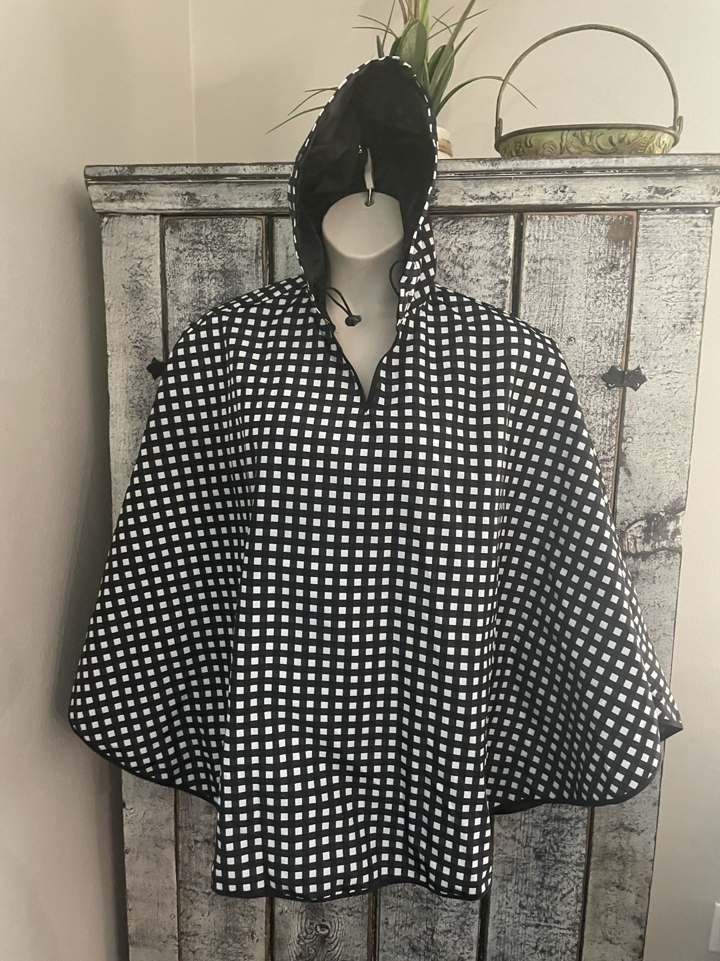 Top It Off Travel Collection, Black, And White Checkered Fold Up Rain Poncho One Size