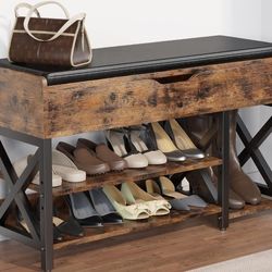 Shoe Bench, Lift Top Shoe Storage Bench, Adjustable Shelf Entryway Bench, Metal and Wood Shoe Rack Organizer  NO CUSHION 