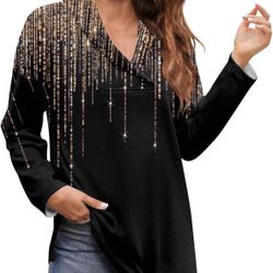 Fall Tunic for Women Long Sleeve Going Out Blouse Graphic Plus Size Crop Tops V Neck Work Fashion Pullover