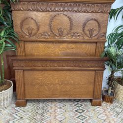 Antique Victorian Carved Oak High Back Queen Bed