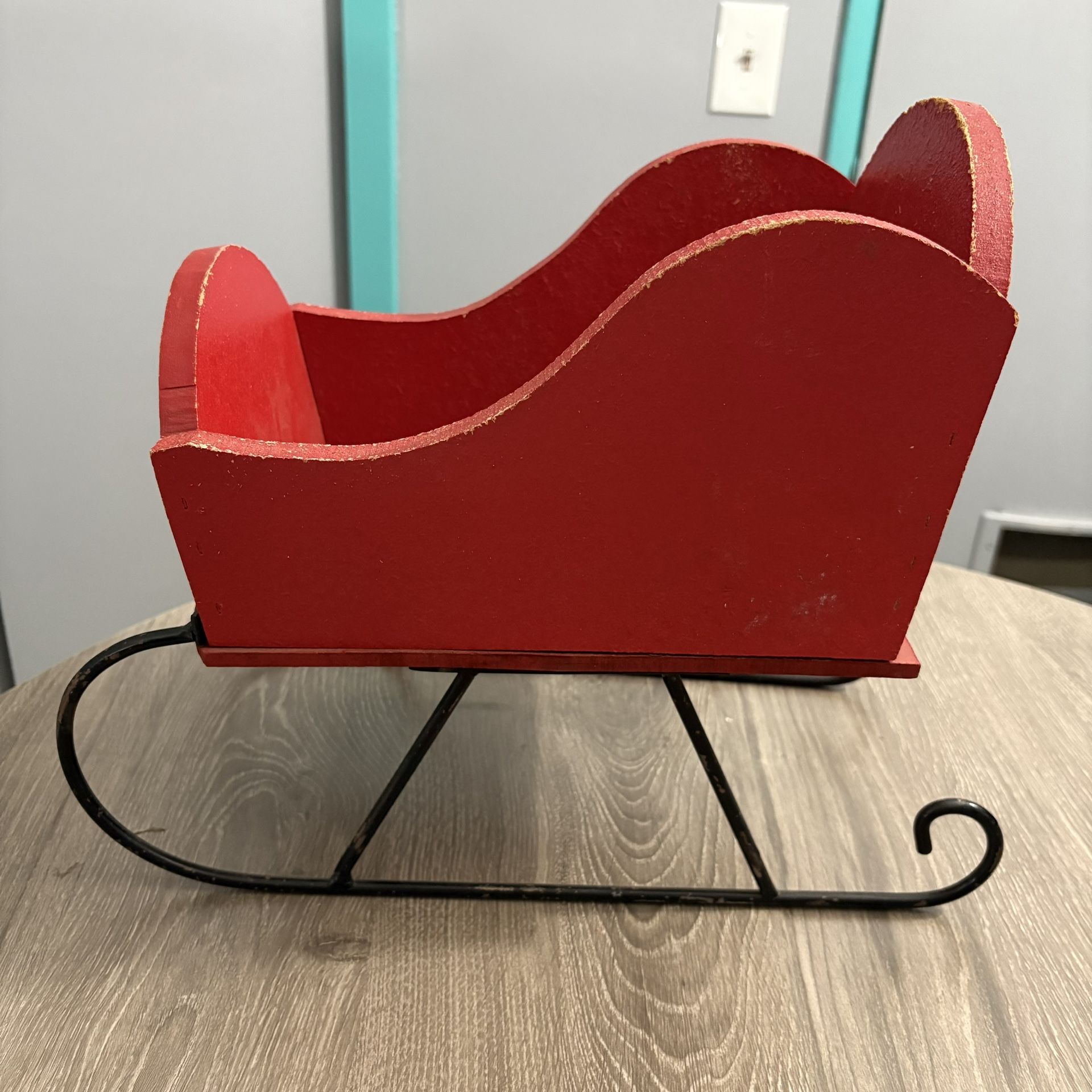 Vintage Painted Red Wooden Sleigh With Black Metal Runners Christmas 14 Inches