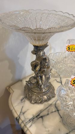 Figural Silver-Tone Compote with Cut Crystal Bowl