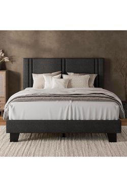 iPormis Queen Platform Bed Frame with Fabric Upholstered Headboard & Thickened Legs, Mattress Foundation w/Solid Wooden Slats Support, Noise Free, No 