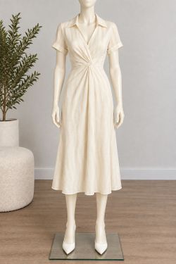 Women’s Cream Beige Midi Dress Collared Ruched Waist M