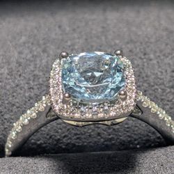 Aquamarine and Diamond 14kt White Gold Halo Ring