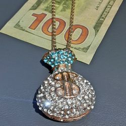 Betsey Johnson Crystal Money Bag Pendant 27 Inch Chain Necklace 