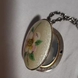 Vintage Floral Hand Painted Over Mother of Pearl Large Locket & Necklace