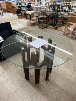 46" Round Glass Dining Modern Kitchen Table w/ Sturdy Pedestal Base w/ Tempered Glass Top