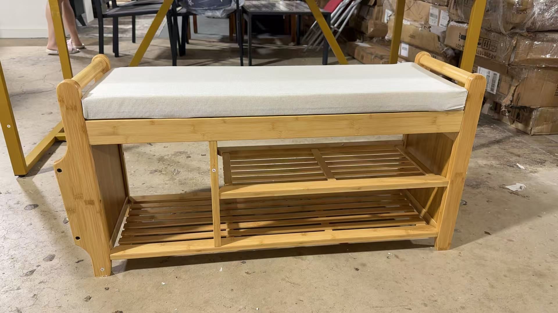 Natural Bamboo Shoe Storage Rack Bench, 2Tier Cushion Seat