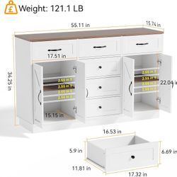 55英寸餐边柜/自助餐柜 白色，W-001

Sideboard Buffet Cabinet with Storage, 55" Large Buffet with 6 Drawers and 4 Doors, Modern Farmhouse Coffee Bar, Suitable