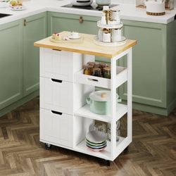 New Kitchen Island, Rolling Kitchen Storage Cart with 3 drawers 3 Level Open Wooden shelving Counter tops  New in box SHX52 The Kitchen Island is a gr