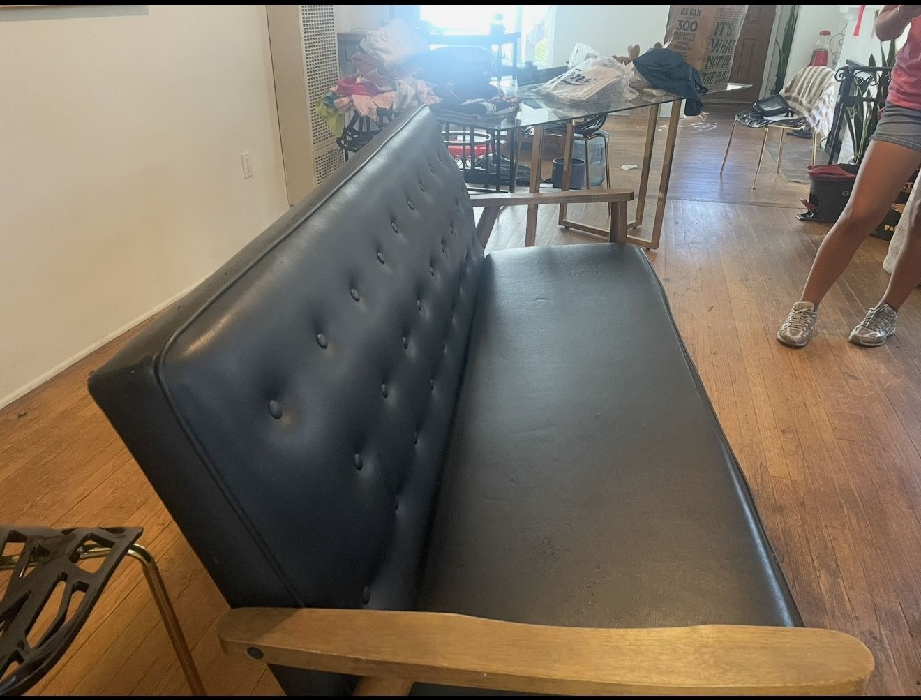 Mid-Century Modern Black Faux Leather Sofa