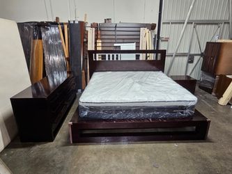 KING Dark Wood Platform Bed Frame with Headboard