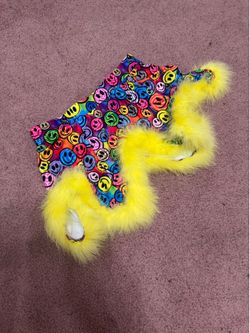 New xl neon happy face mini skirt festival rave EDC y2k outfit smiley feather yellow