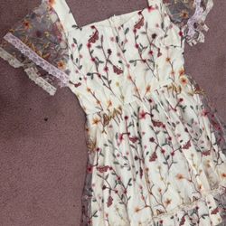 New small short embroidery floral dress boho cream tulle dress ruffle butterfly