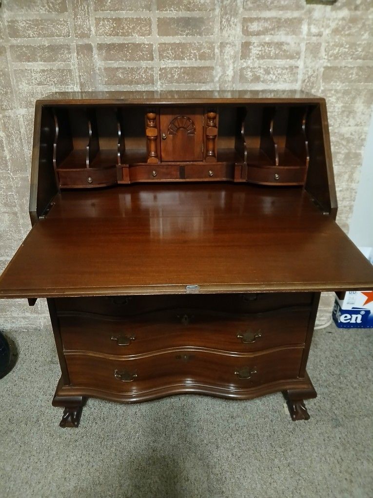 Antique Chippendale Mahogany Oxbow Drop Front Secretary Desk 