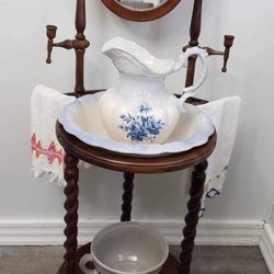 Vintage Wood Wash Stand - Crock, Pitcher and Basin (Ironstone England)