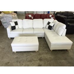 White Leather Sectional Couch And Ottoman 