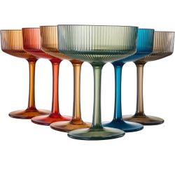 Khen Shatterproof Acrylic Ribbed Vintage Art Deco Martini, Champagne & Cocktail Muted Color Plastic Coupe Glasses | Set of 6 | 8 oz Ripple Glassware 