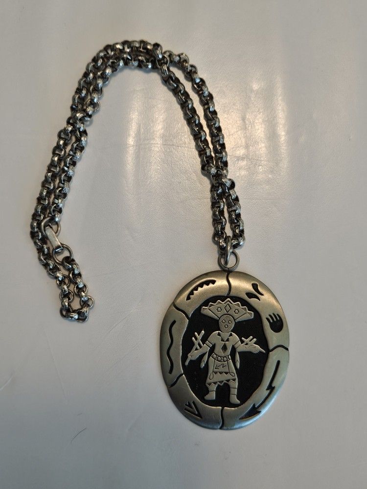 Vintage Nickel Silver Kachina Pendant And Chain