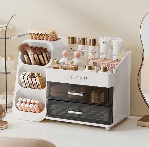 Makeup Organizer For Vanity, Countertop Organizer With Drawers, Spacious Cosmetic Display Case for Beauty Essential, Skincare, Lipstick (White)