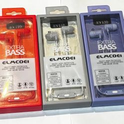 EV110 Extra Bass Wired Earbuds – Hands-Free Mic – New (Multiple Colors)