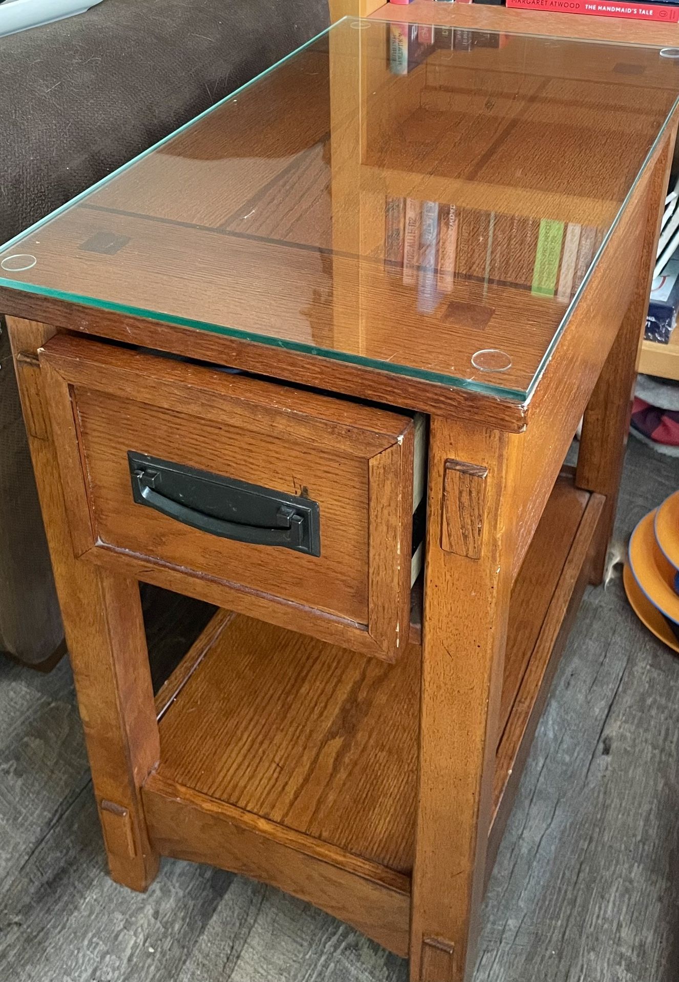 Wood End Table With Glass Top And Drawer