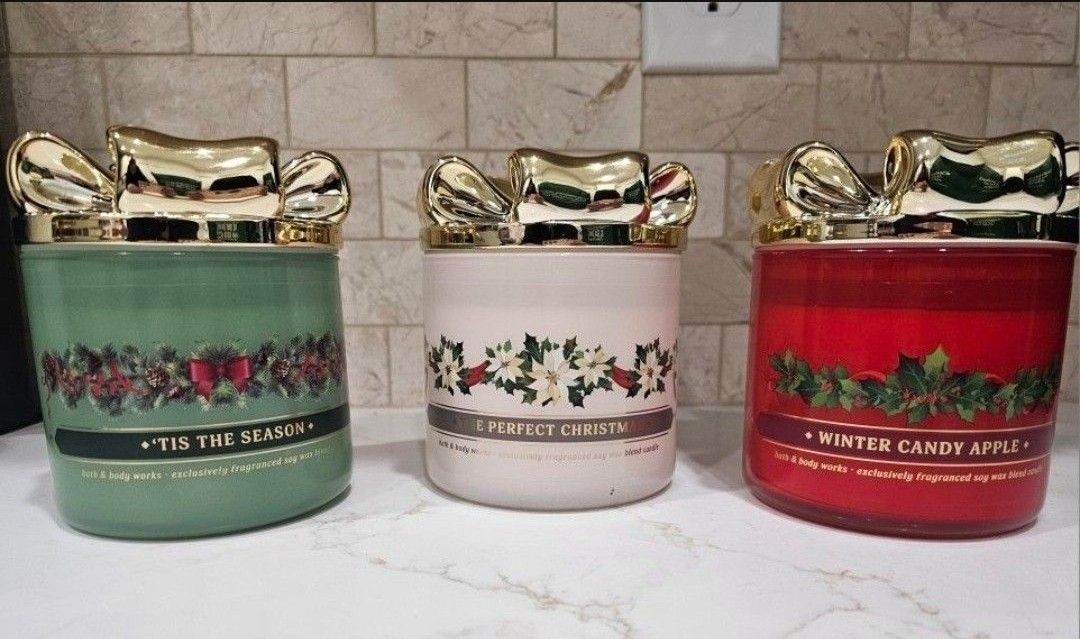 New Bath & Body Works 3 Wick Limited Edition Candle GOLD BOW LID winter Candy Apple, Tis The Season, Or The Perfect Christmas Retail $40 - $20 Each