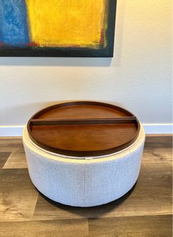 Macy’s Alrodo Round Storage Ottoman Coffee Table – Reversible Wood Trays – 42” Round