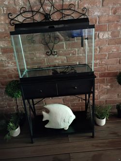 29 gallon fish tank with stand heater pump light needs a light bulb and needs rocks asking 100 for the setup