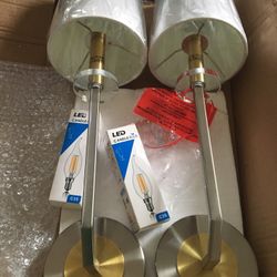Hardwired Wall Sconces 22in Set of 2 Wall Lights Vintage silver /Gold Antique Brass Wall Lamps with Curved Rod & White Fabric Shade, with 2 LED candle