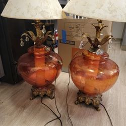 Pair Of Vintage Amber Glass Table Lamps With Original Floral Shades