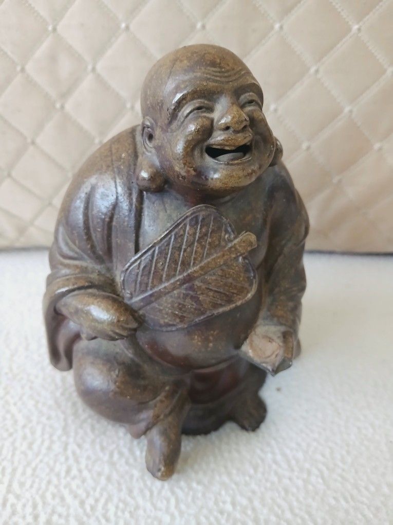 Vintage Bronze/Stone Happy Buddha Hotei Figurine w/ Fan Statue Art