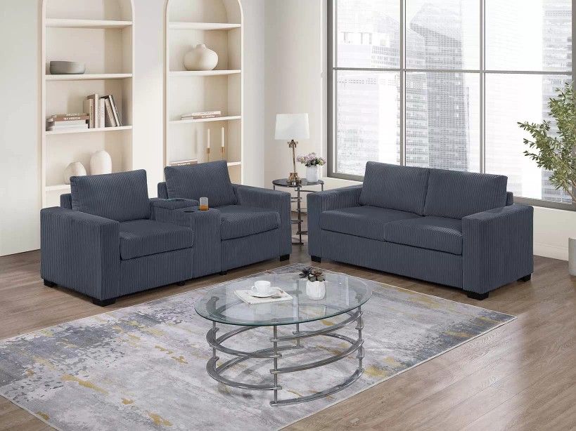 Brand New Light Or Dark Gray Corduroy Sofa + Loveseat 2PCs Set