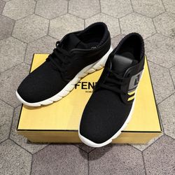 FENDI Zucca FF Logo Printed Athletic Sneakers, Black-Yellow Knit, UK Size 7.5