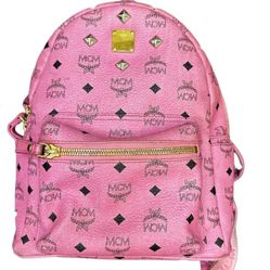 MCM Visetos Pink Monogram Gold Studded Accents Leather  Backpack 
