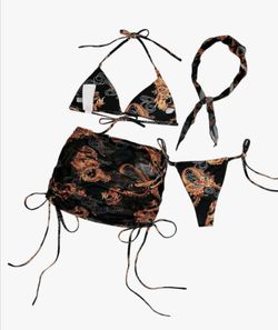 Women's 4 Piece Swimsuit Triangle Bikini Bathing Suit W/Mesh Beach Skirt& Banana W dragons/Mesh 