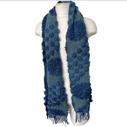 Long Knitted Blue Scarf With Fringe 
