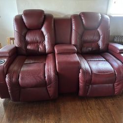 Red Leather Power Reclining Loveseat – USB & LED Cup holders 