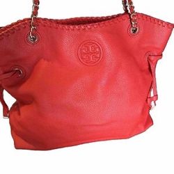 tory burch marion red pebbled leather whipstitch chain large tote bag